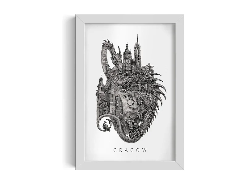 Imagen en marco, decoración de la ciudad polaca enmarcada, arte de marco blanco de Cracovia, impresión de pared minimalista de Cracovia 20x30 cm