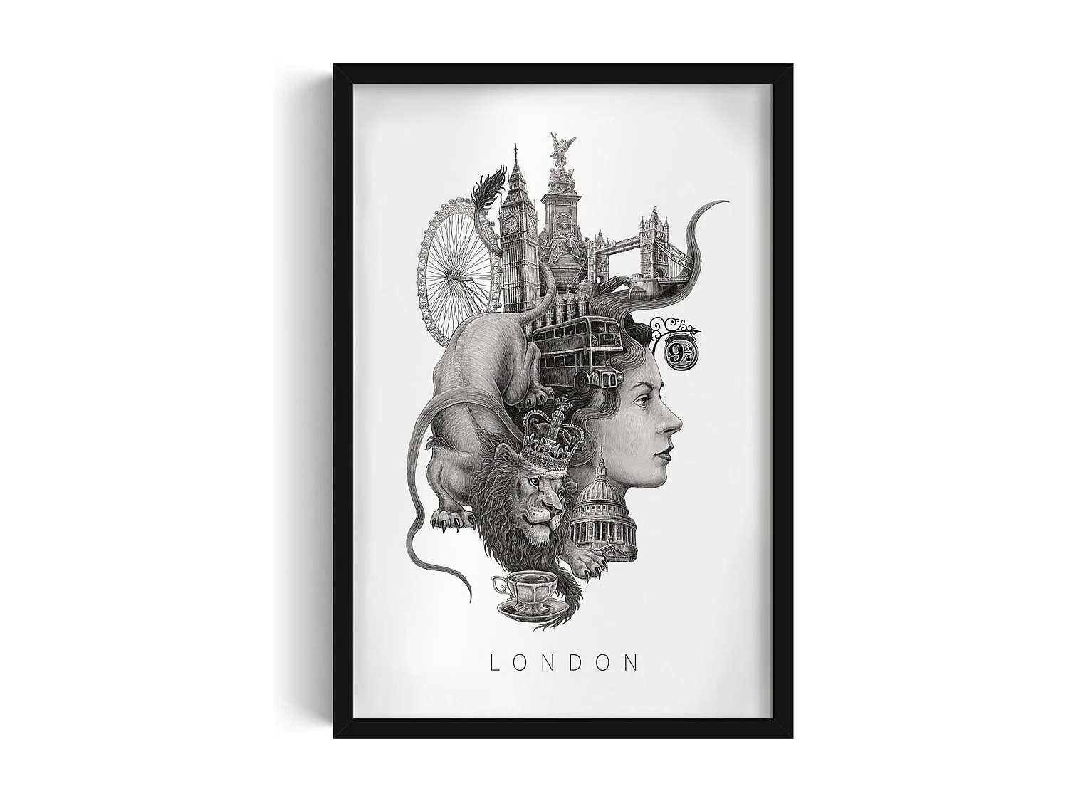 Ingelijste foto, Brits decor, Londense kunst zwarte lijst, minimalistische Londense print, foto in stedelijke stijl, 40x60 cm.