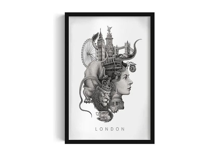Gerahmtes Bild, britisches Dekor, schwarzer Rahmen der Londoner Kunst, minimalistischer London-Druck, Bild im urbanen Stil, 40x60 cm.
