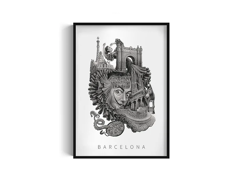 Ingelijste foto, levendig Spaans decor, zwarte kunstlijst Barcelona, ​​minimalistische stadsprint van Barcelona, ​​70x100 cm.
