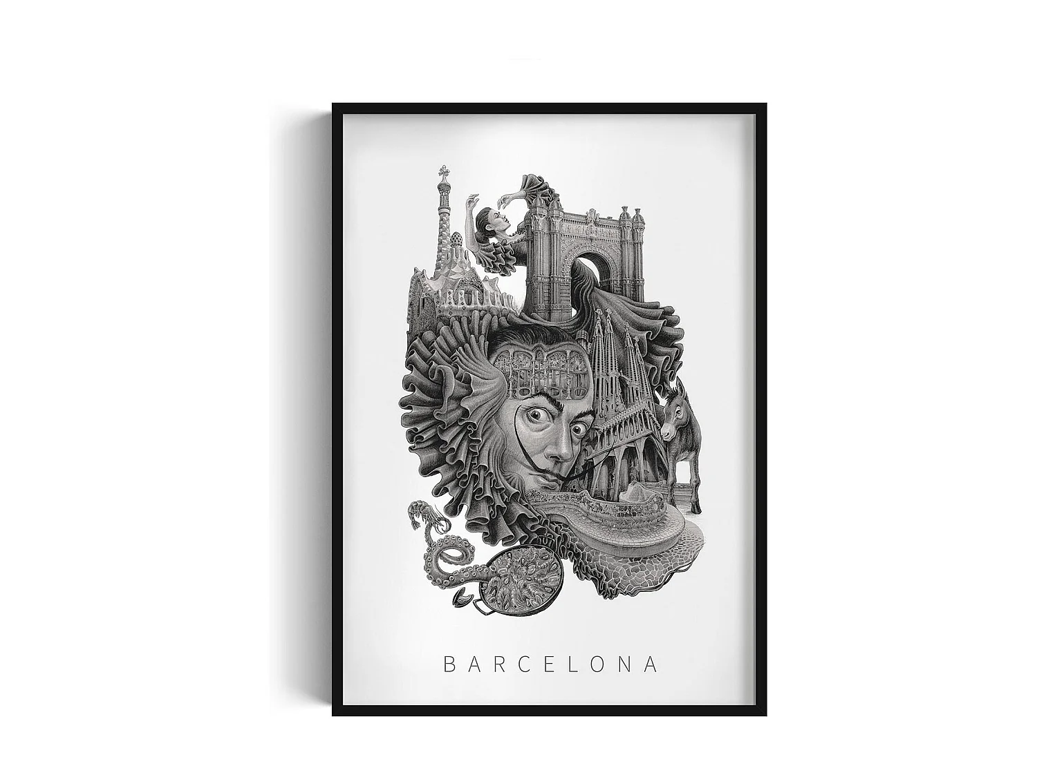 Ingelijste foto, levendig Spaans decor, zwarte kunstlijst Barcelona, ​​minimalistische stadsprint van Barcelona, ​​70x100 cm.