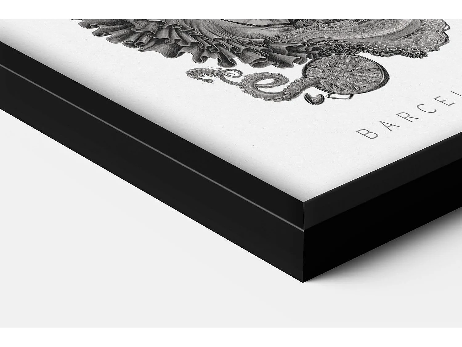 Ingelijste foto, levendig Spaans decor, zwarte kunstlijst Barcelona, ​​minimalistische stadsprint van Barcelona, ​​70x100 cm.