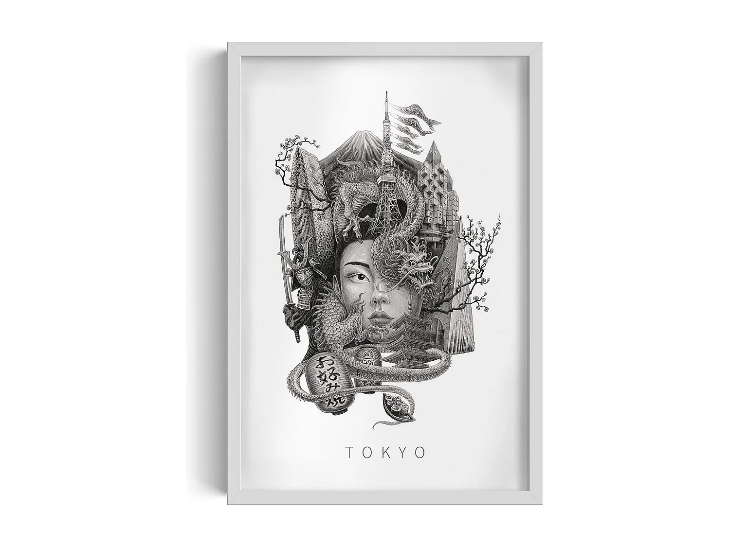 Image encadré, déco urbaine japonaise épurée, cadre blanc art Tokyo, image urbaine Tokyo, 40x60 cm.