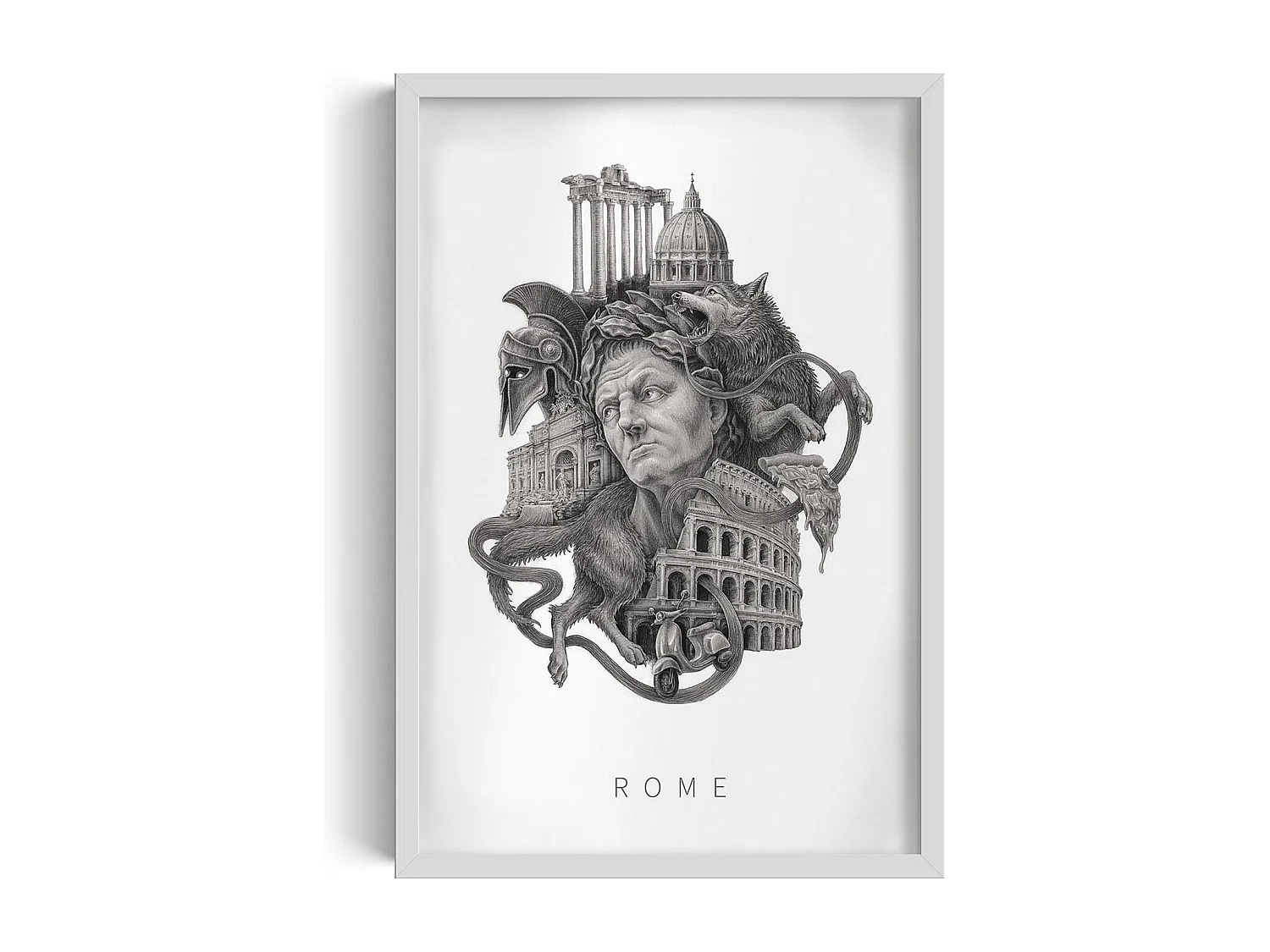 Foto in lijst, elegante Italiaanse decoratie, witte kunstlijst Rome, stadsfoto van Rome, Rome-ontwerp 40x60 cm.