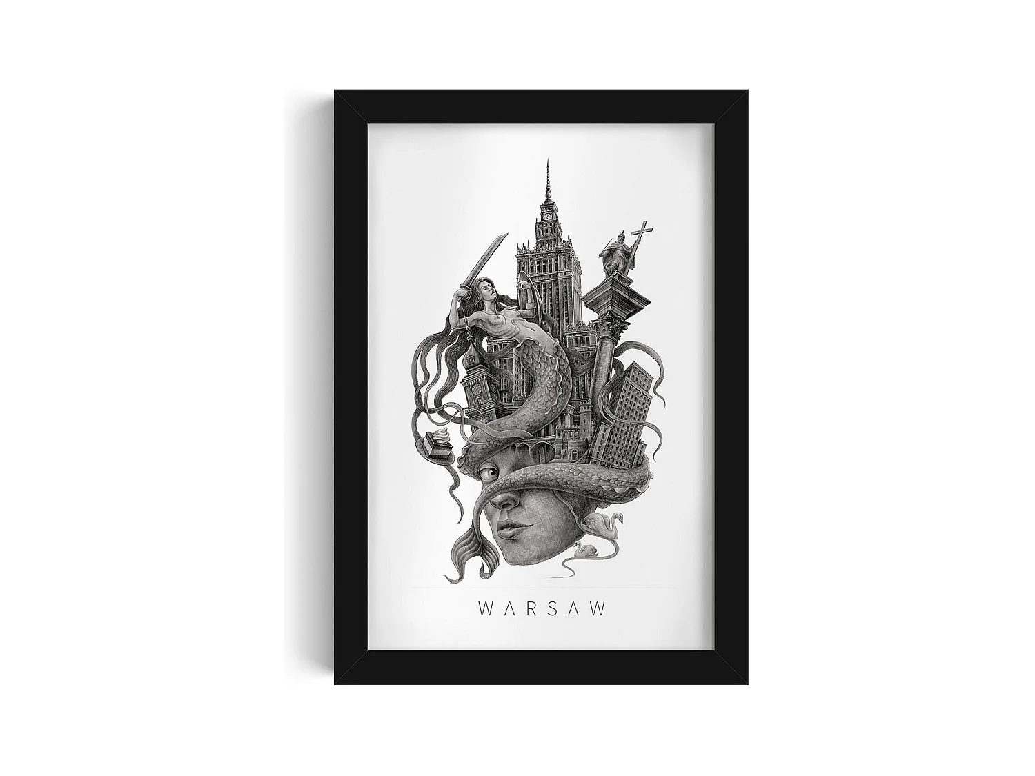 Image encadré, décor polonais, cadre noir, art de Varsovie, imprimé minimaliste de Varsovie, design urbain 20x30 cm.