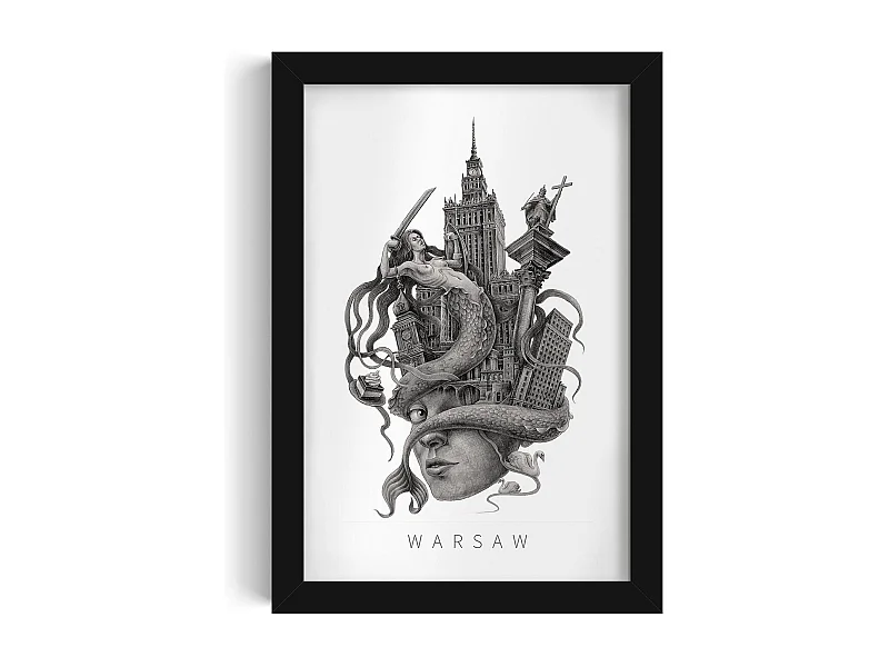 Gerahmtes Bild, polnisches Dekor, schwarzer Rahmen, Warschauer Kunst, Warschauer minimalistischer Druck, urbanes Design 20x30 cm.