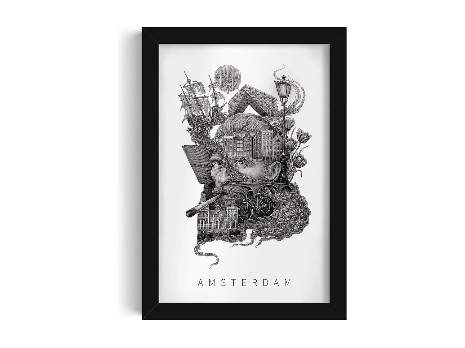 Image encadré, décor hollandais élégant, cadre noir art Amsterdam, image urbaine 20x30 cm Amsterdam.
