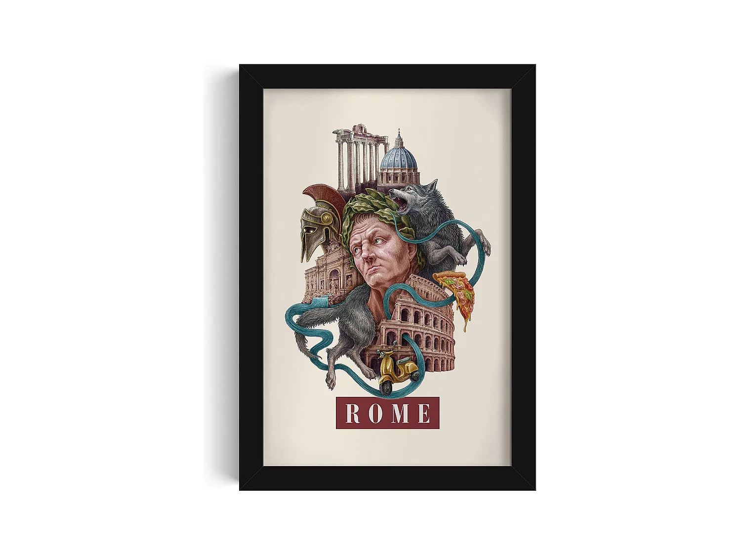 Image encadré, décor italien Rome, cadre noir Rome art, 20x30 cm design Rome, imprimé urbain élégant Rome.