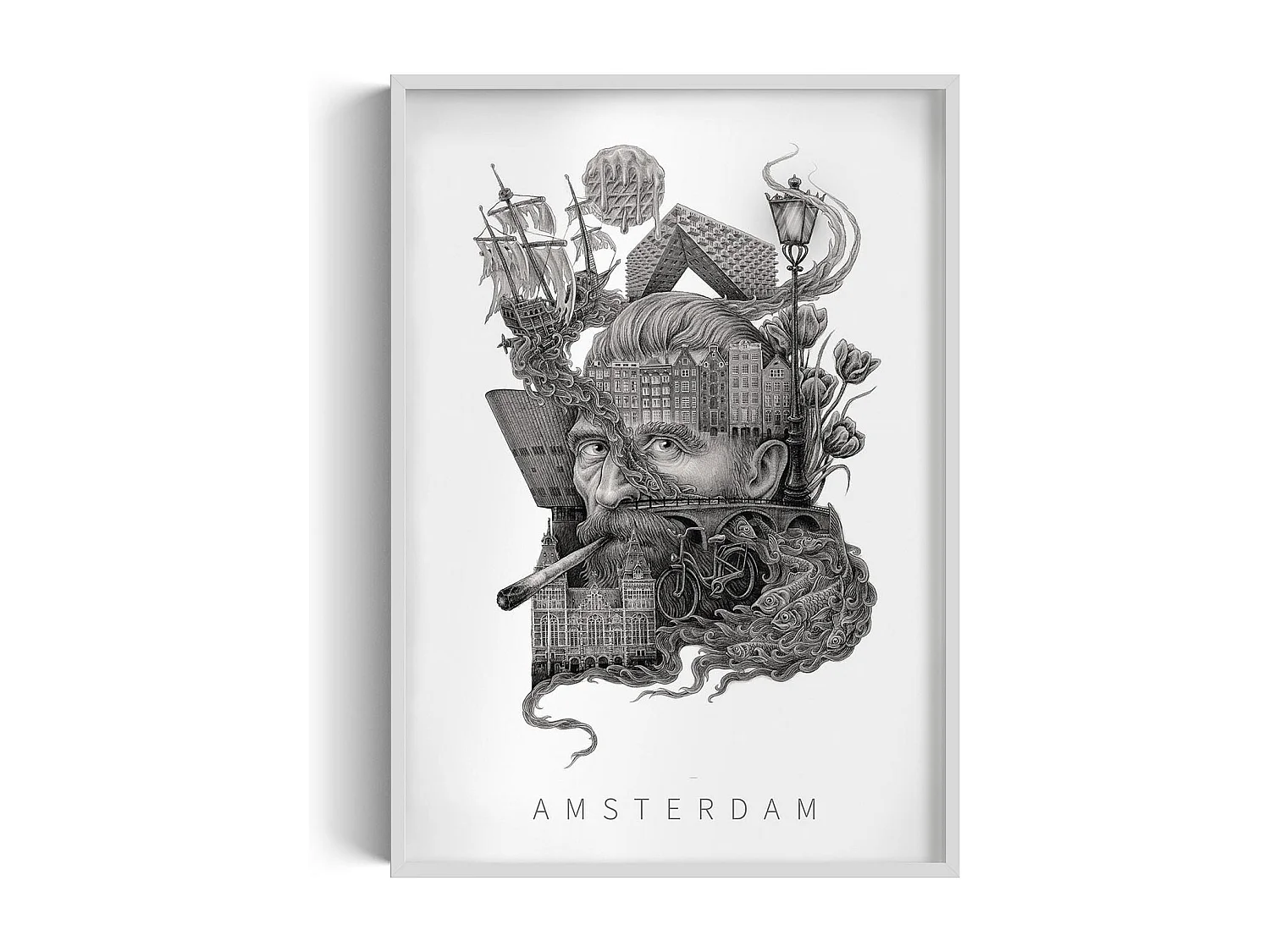 Ingelijste foto, elegant Nederlands decor, Amsterdamse kunst witte lijst, 70x100 cm Amsterdamse stadsfoto.