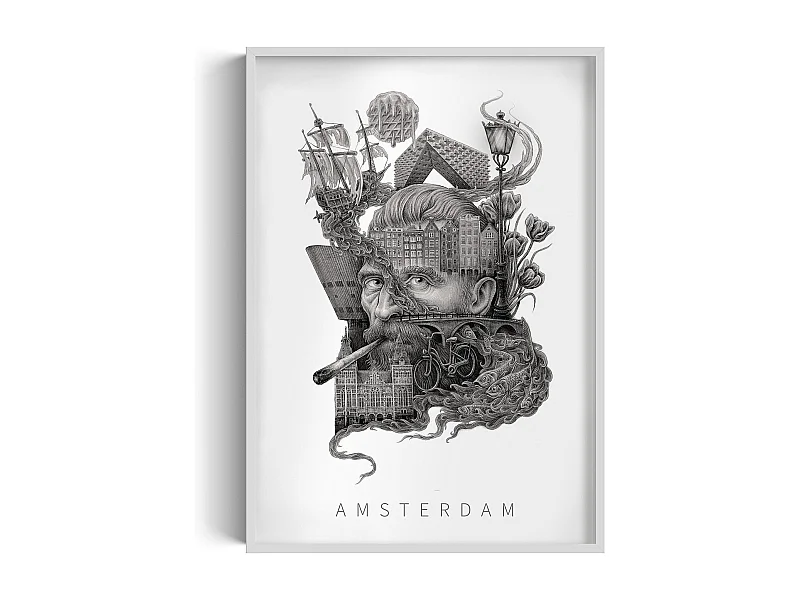 Gerahmtes Bild, elegantes niederländisches Dekor, weißer Rahmen der Amsterdamer Kunst, 70x100 cm großes Amsterdamer Stadtbild.