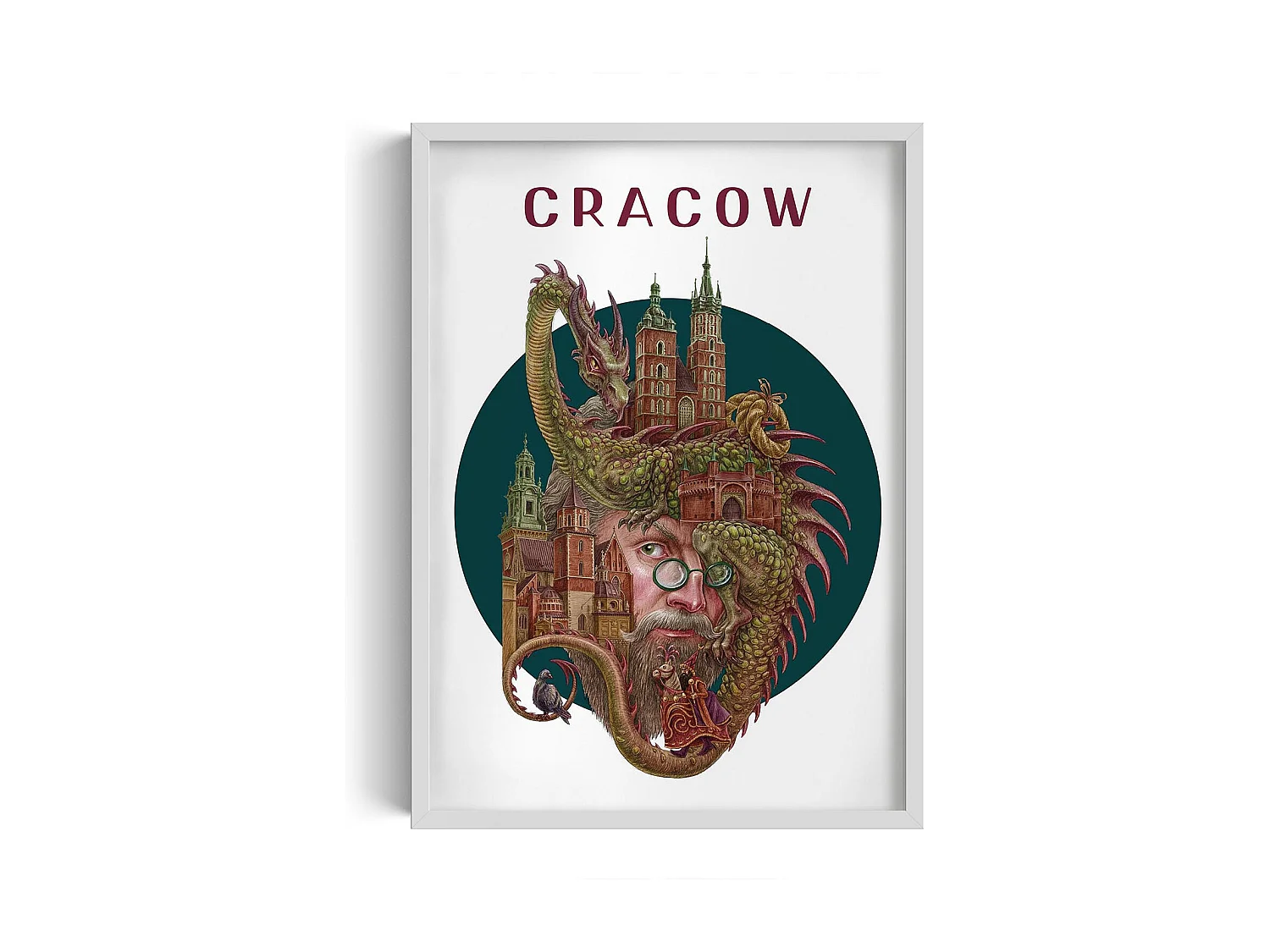 Bild im Rahmen, polnisches Stadtdekor, Bild mit weißem Rahmen Krakau, 50x70 cm Krakauer Kunst, urbaner Druck.