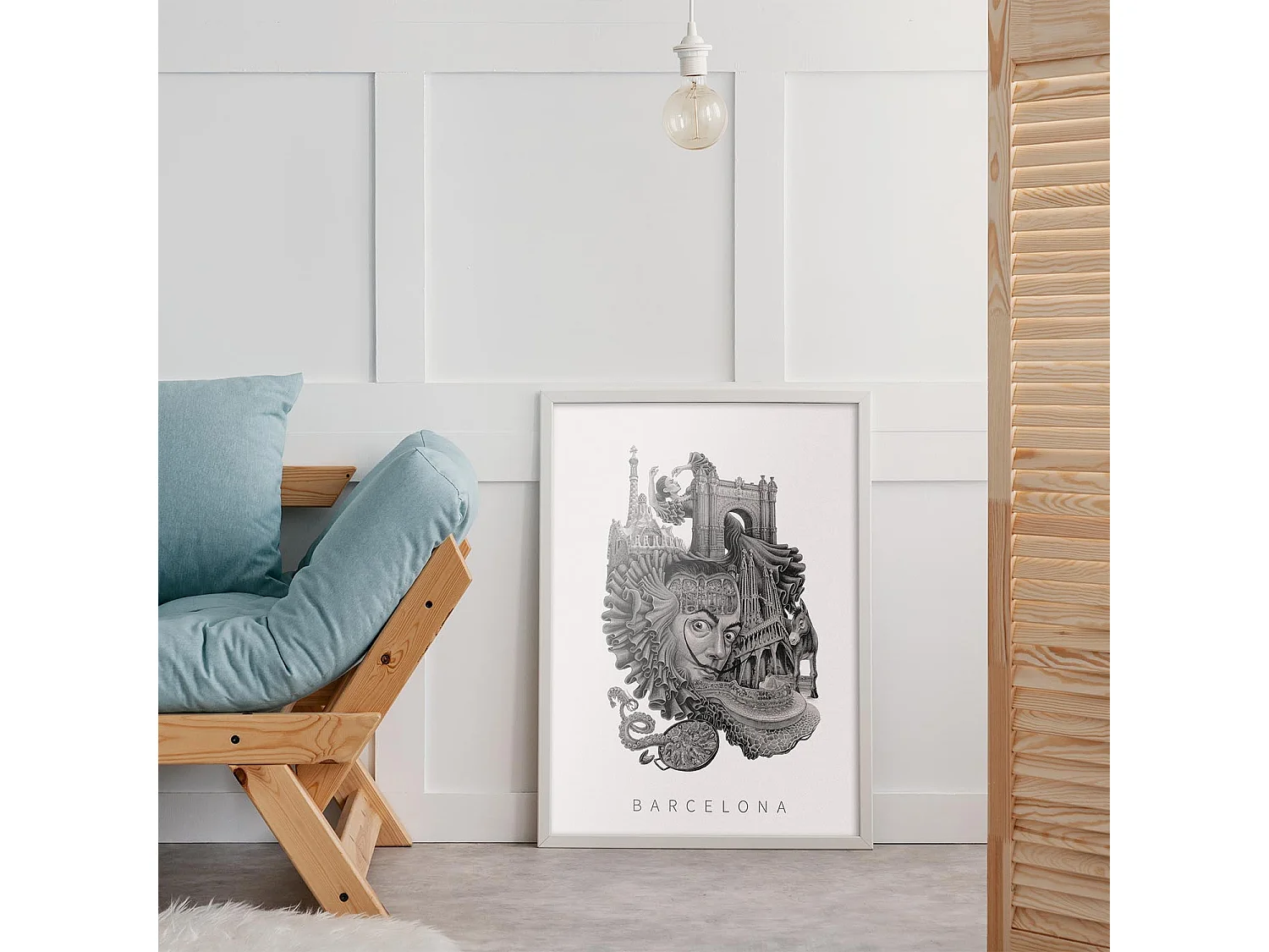 Gerahmtes Bild, lebendiges spanisches Dekor, weißer Rahmen der Barcelona-Kunst, minimalistischer Barcelona-Stadtdruck, 50 x 70 cm.