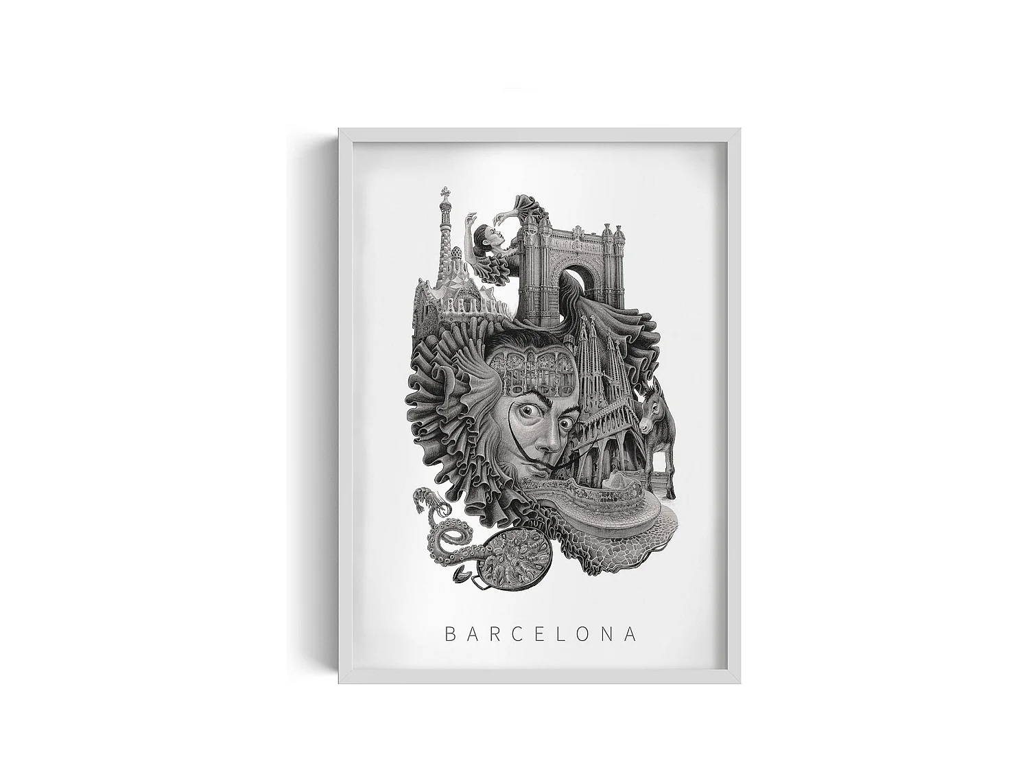Gerahmtes Bild, lebendiges spanisches Dekor, weißer Rahmen der Barcelona-Kunst, minimalistischer Barcelona-Stadtdruck, 50 x 70 cm.
