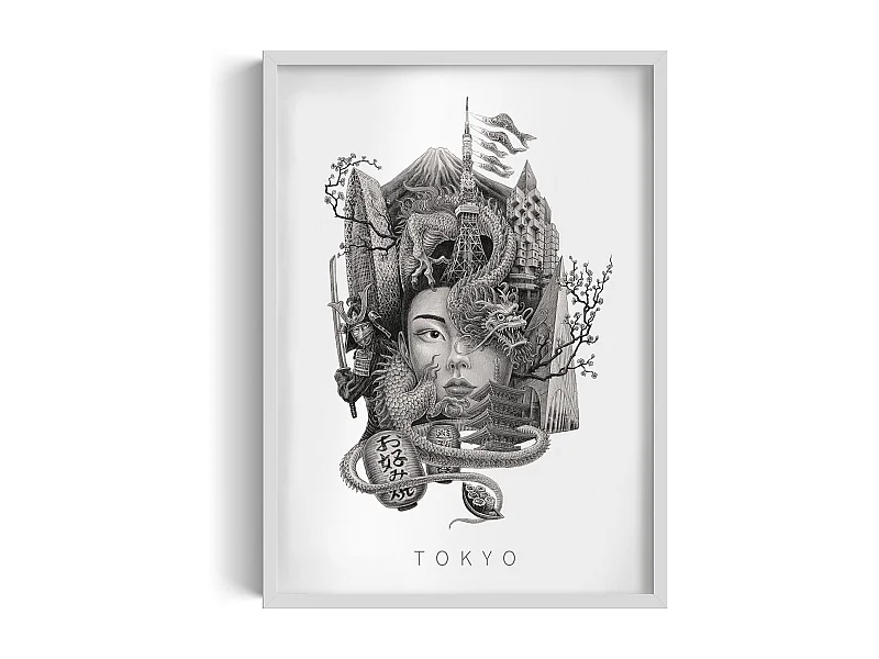 Image encadré, déco urbaine japonaise épurée, cadre blanc art Tokyo, image urbaine Tokyo, 50x70 cm.