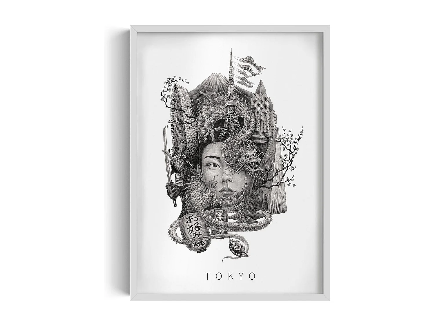 Ingelijste afbeelding, verfijnd Japans stedelijk decor, Tokyo kunst witte lijst, Tokyo stedelijk beeld, 50x70 cm.