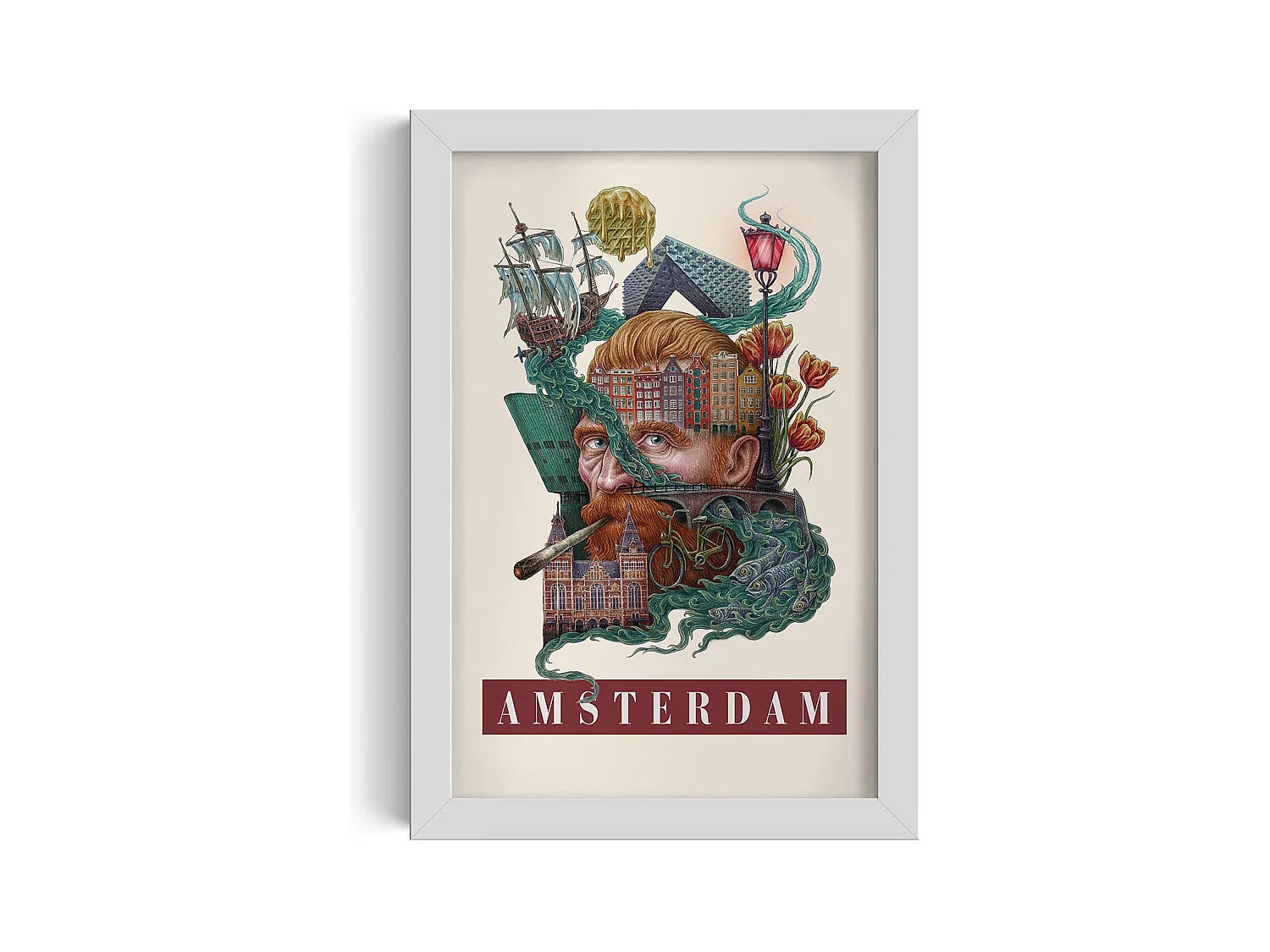Image dans un cadre, décor hollandais moderne, cadre blanc art d'Amsterdam, image urbaine d'Amsterdam, impression 20x30 cm.