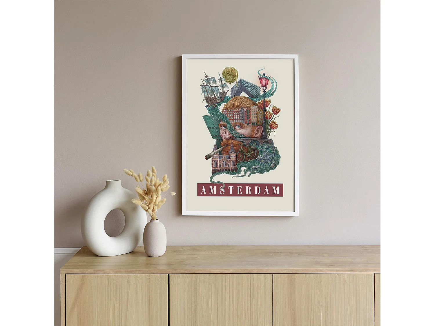 Image dans un cadre, décor hollandais moderne, cadre blanc art d'Amsterdam, image urbaine d'Amsterdam, impression 20x30 cm.