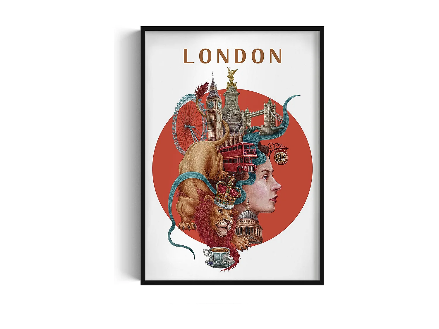 Image encadré, décor de ville britannique, image cadre noir Londres, 70x100 cm art londonien, imprimé urbain Londres.