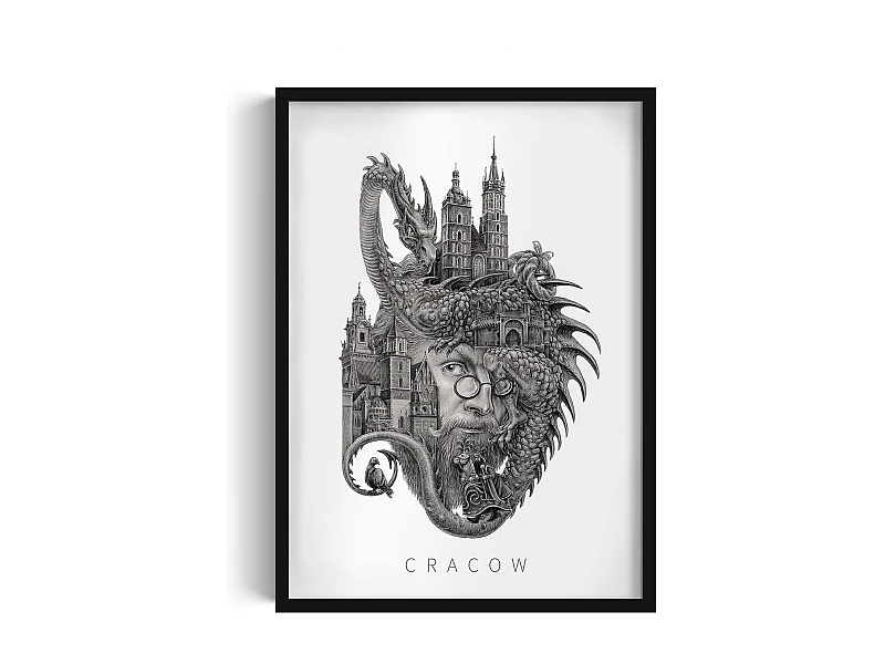Foto in lijst, ingelijst Pools stadsdecor, Krakau zwarte lijstkunst, Krakau minimalistische muurprint 50x70 cm