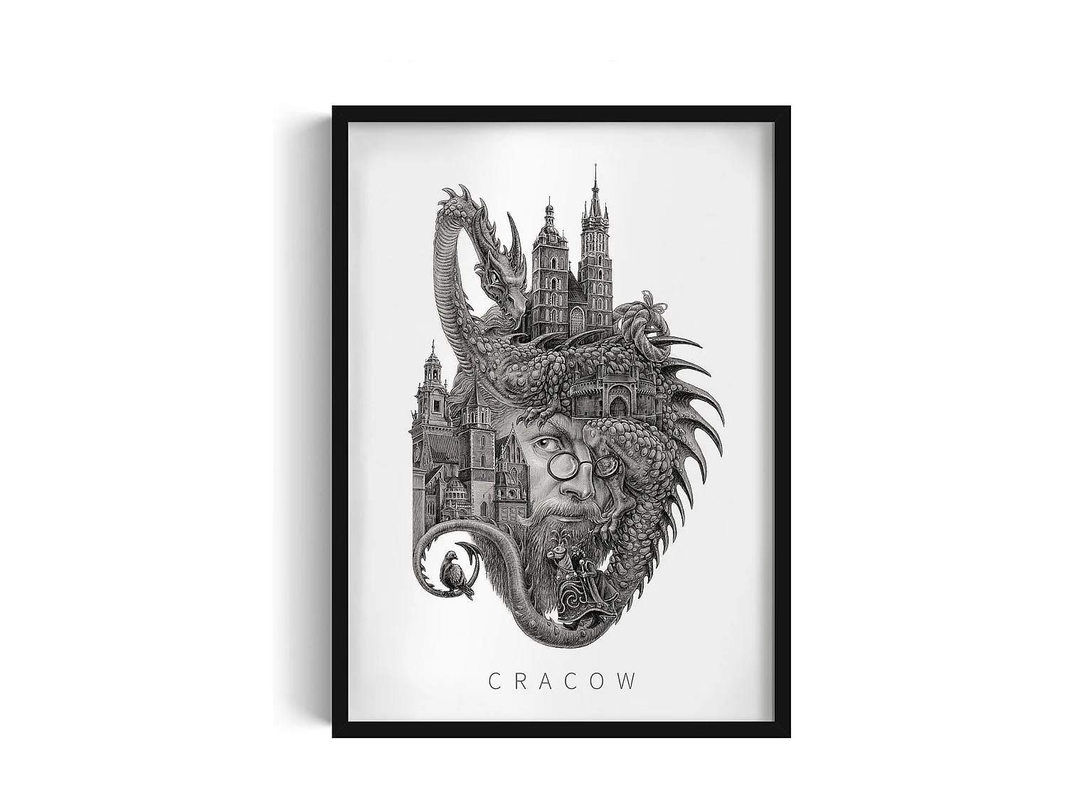 Image dans un cadre, décor de ville polonaise encadré, art cadre noir Cracovie, impression murale minimaliste Cracovie 50x70 cm