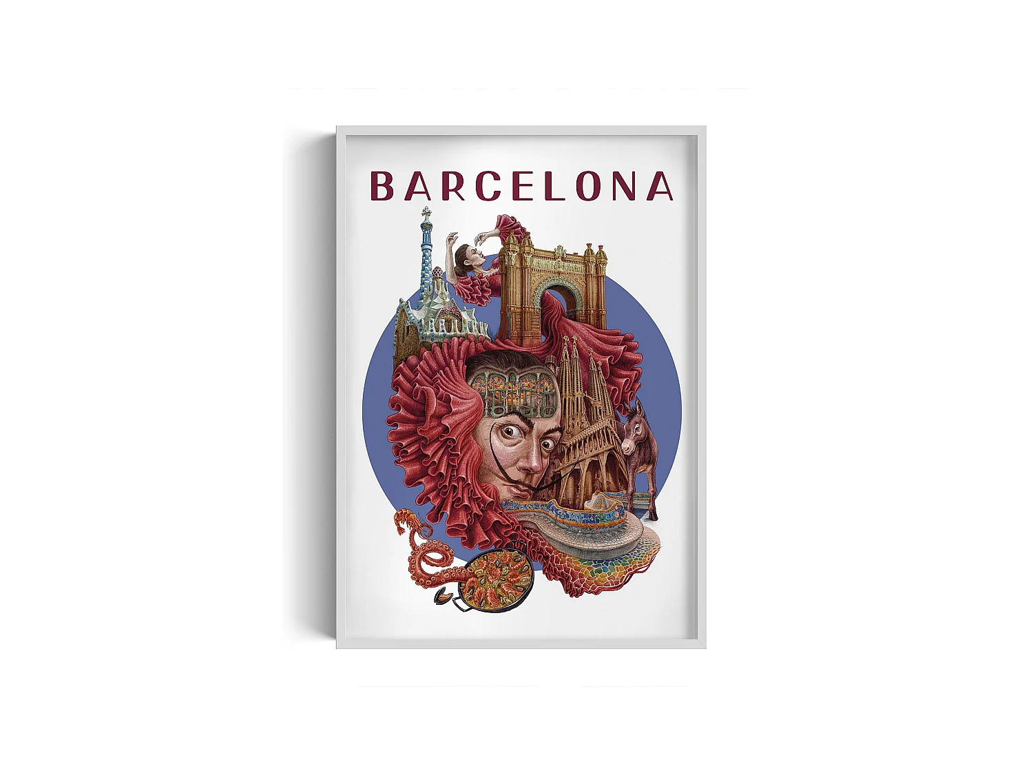 Image encadré, décor de ville espagnole, image cadre blanc Barcelone, 70x100 cm art de Barcelone, imprimé urbain Barcelone.