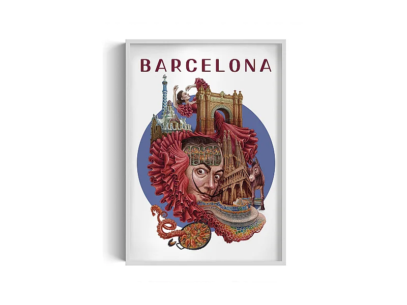 Gerahmtes Bild, spanisches Stadtdekor, weiß gerahmtes Bild Barcelona, ​​70x100 cm Barcelona-Kunst, Barcelona-Stadtdruck.