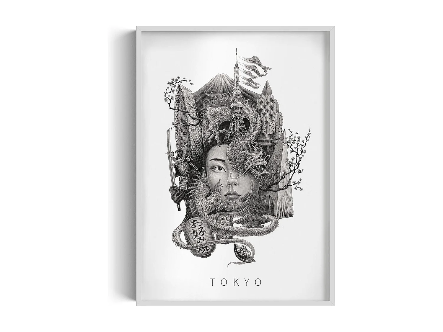 Image encadré, déco urbaine japonaise épurée, cadre blanc art Tokyo, image urbaine Tokyo, 70x100 cm.