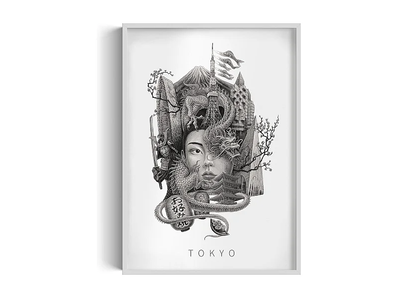 Gerahmtes Bild, raffiniertes japanisches Stadtdekor, weißer Rahmen der Kunst Tokio, Stadtbild Tokio, 70x100 cm.