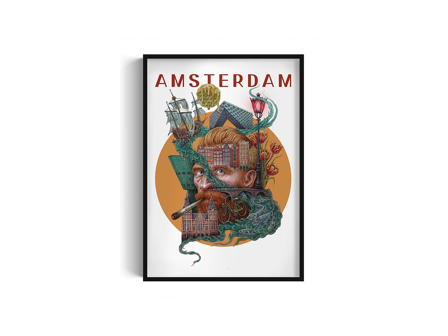 Image dans un cadre, décor de ville néerlandaise, image à cadre noir Amsterdam, 70x100 cm art d'Amsterdam, imprimé urbain.