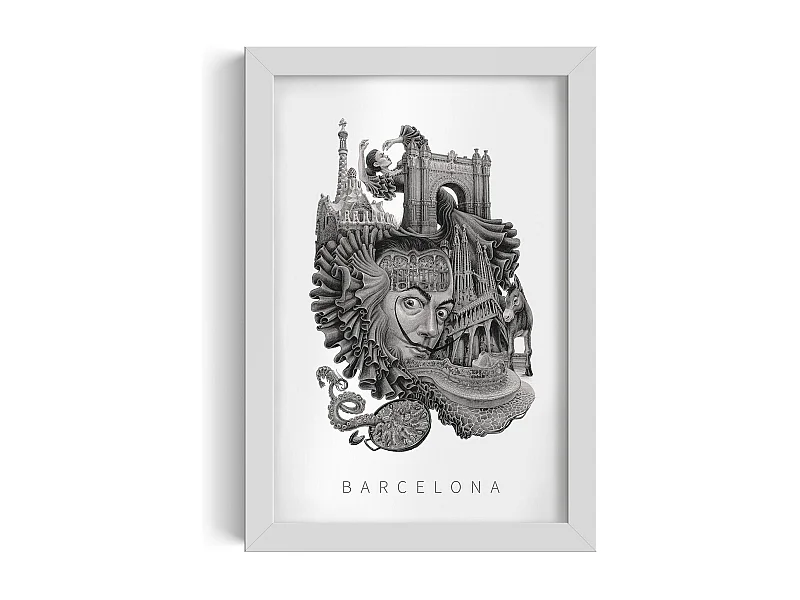 Ingelijste foto, levendig Spaans decor, witte kunstlijst Barcelona, ​​minimalistische stadsprint van Barcelona, ​​20x30 cm.