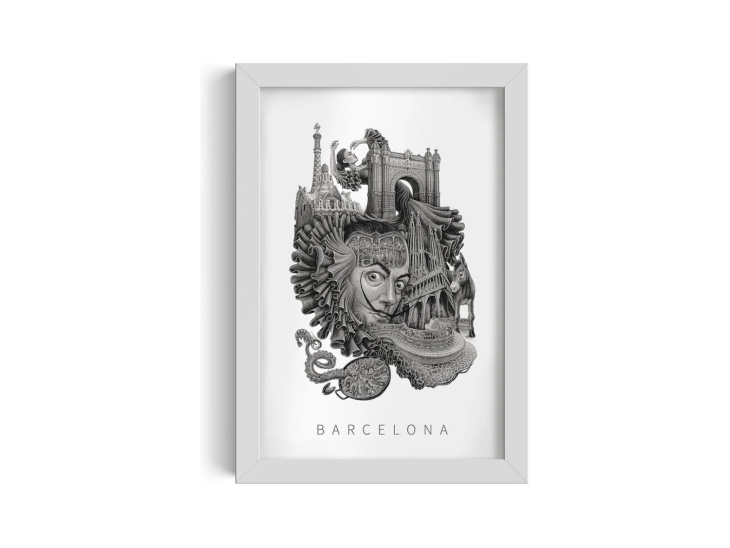 Image encadré, décor espagnol vibrant, cadre blanc art Barcelone, imprimé ville minimaliste Barcelone, 20x30 cm.