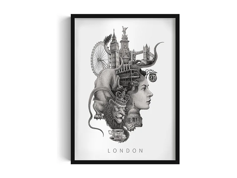 Gerahmtes Bild, britisches Dekor, schwarzer Rahmen der Londoner Kunst, minimalistischer London-Druck, Bild im urbanen Stil, 50x70 cm.