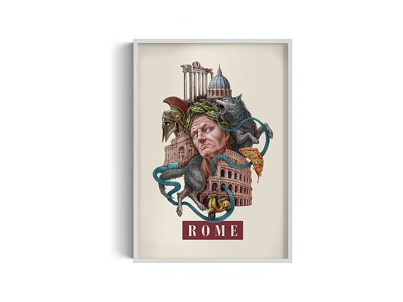 Ingelijste foto, Italiaans decor Rome, witte lijst Rome kunst, 70x100 cm Rome design, elegante Rome stedelijke print.