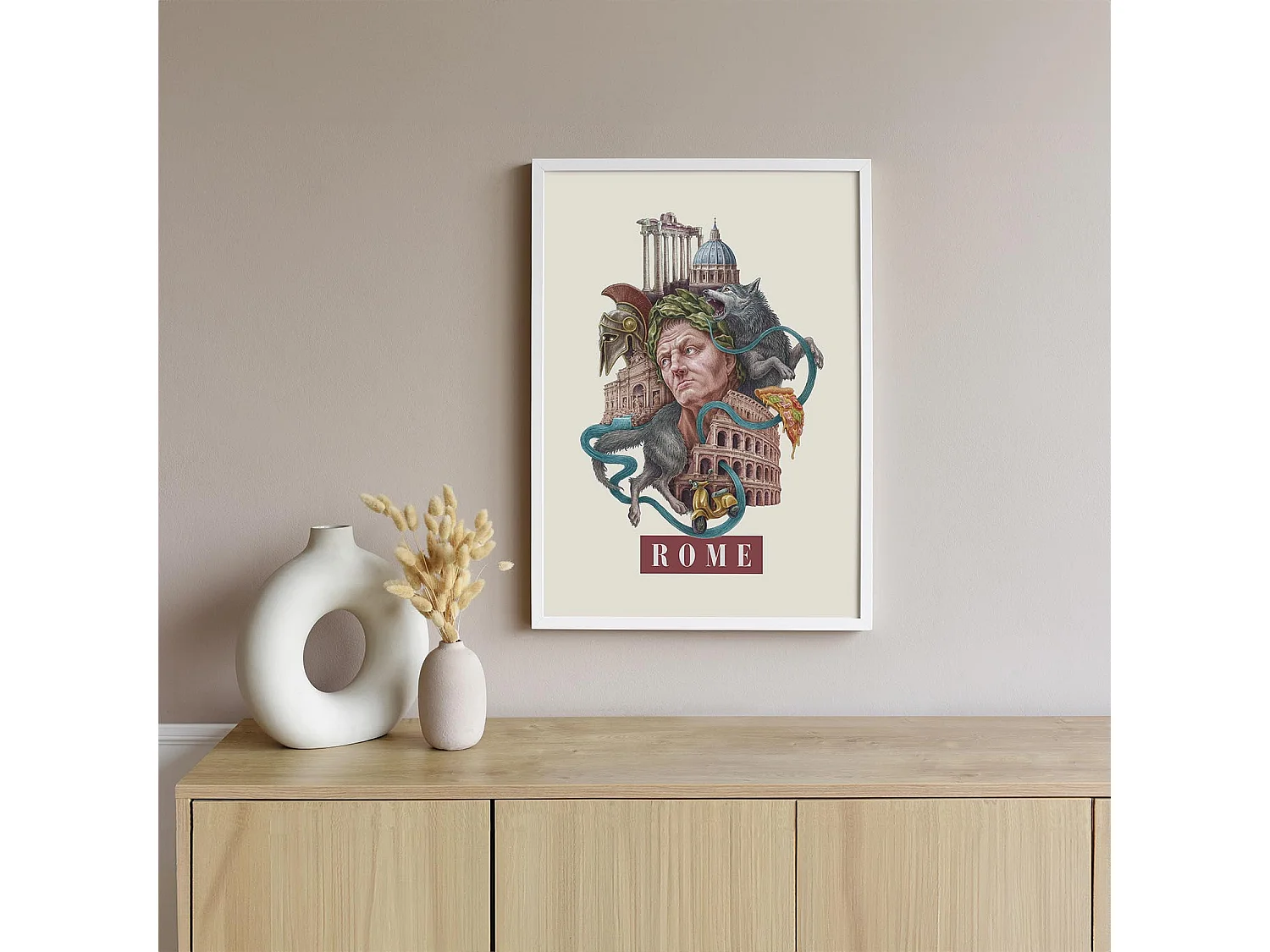 Gerahmtes Bild, italienisches Dekor Rom, weißer Rahmen Rom-Kunst, 70x100 cm Rom-Design, eleganter Rom-Stadtdruck.