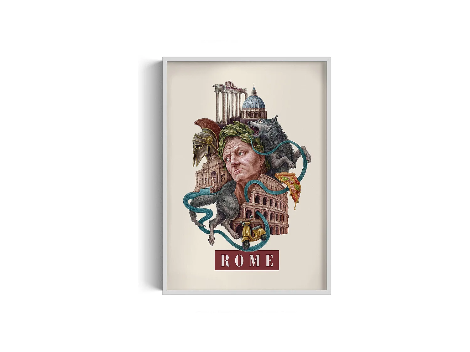 Image encadré, décor italien Rome, cadre blanc Rome art, 70x100 cm design Rome, imprimé urbain élégant Rome.