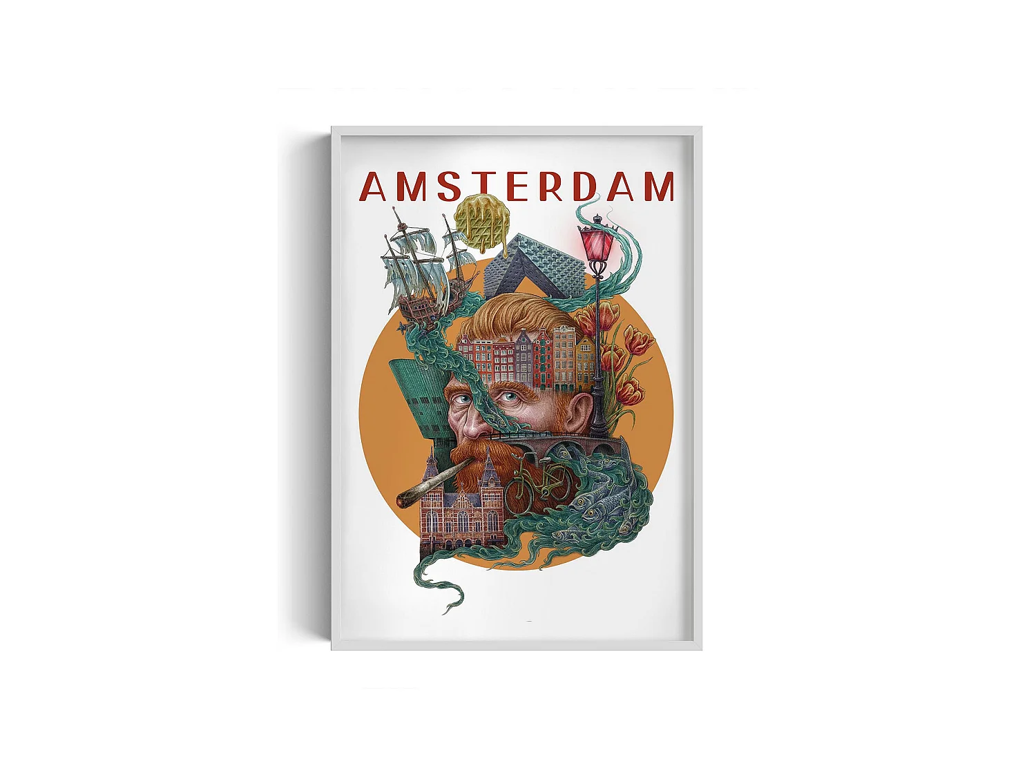 Cuadro en marco, decoración ciudad holandesa, cuadro Amsterdam marco blanco, arte Amsterdam 70x100 cm, estampado urbano.