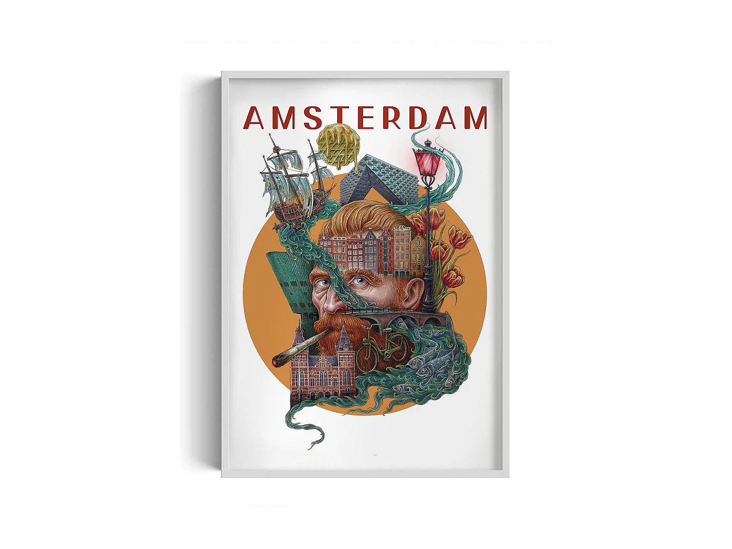 Bild im Rahmen, niederländisches Stadtdekor, Amsterdam weiß gerahmtes Bild, 70x100 cm Amsterdamer Kunst, urbaner Druck.