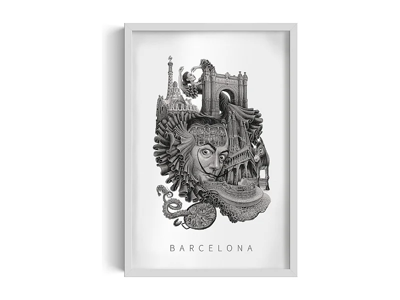 Image encadré, décor espagnol vibrant, cadre blanc art Barcelone, imprimé ville minimaliste Barcelone, 40x60 cm.