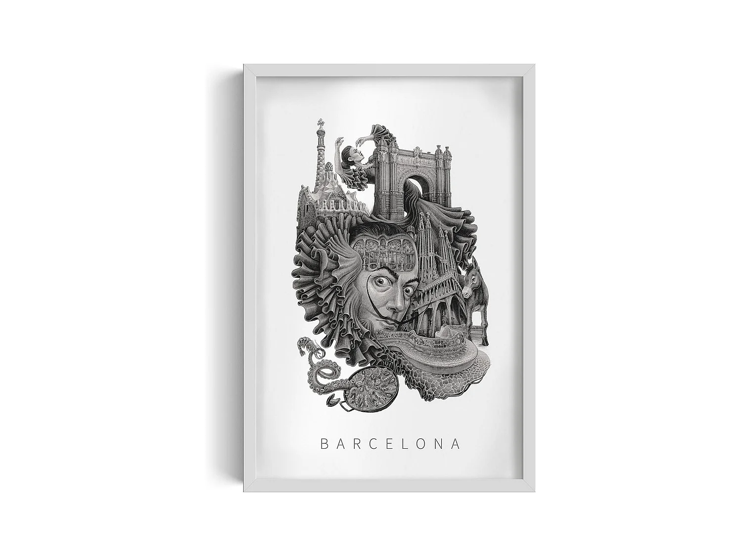 Image encadré, décor espagnol vibrant, cadre blanc art Barcelone, imprimé ville minimaliste Barcelone, 40x60 cm.
