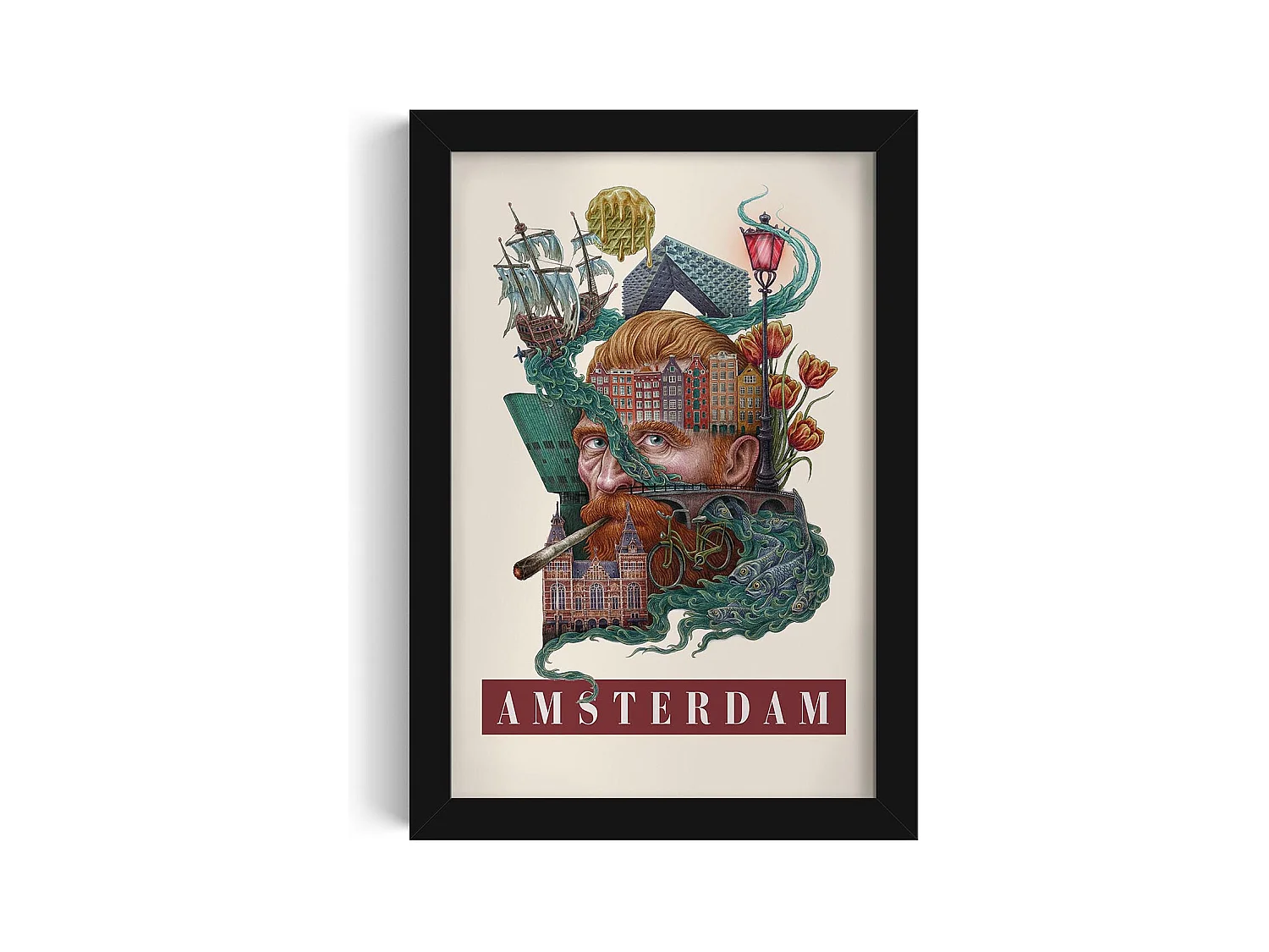 Image dans un cadre, décor hollandais moderne, cadre noir art d'Amsterdam, image urbaine d'Amsterdam, impression 20x30 cm.