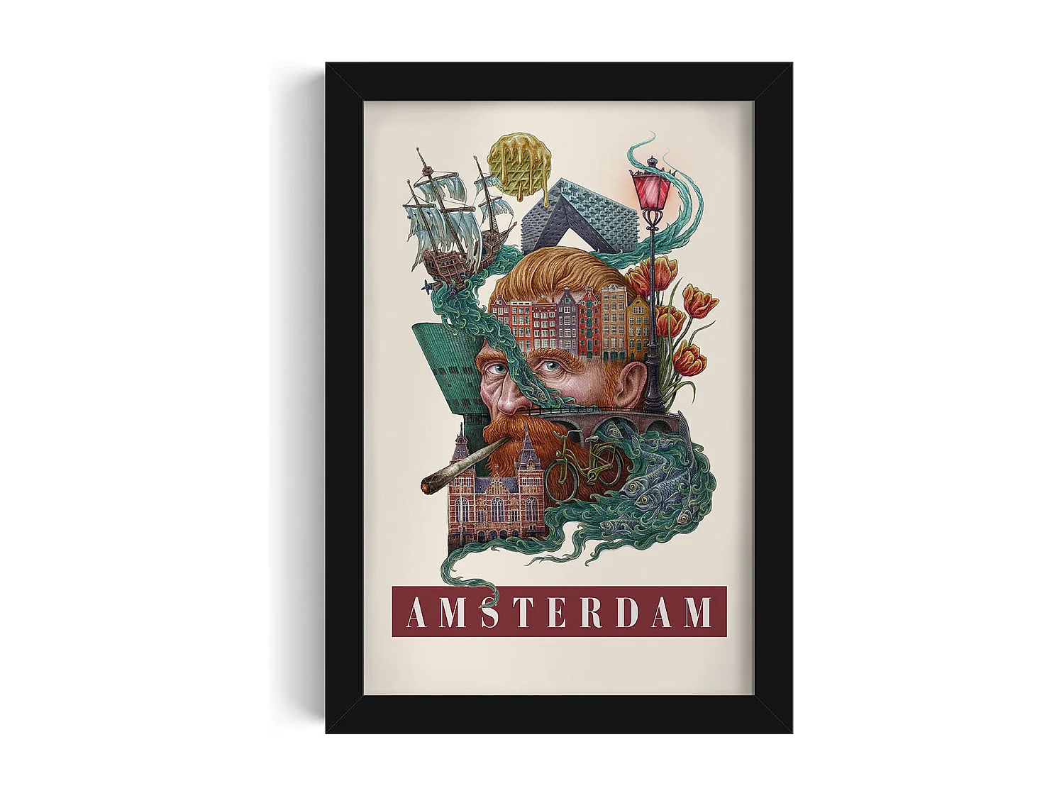 Bild im Rahmen, modernes niederländisches Dekor, Amsterdamer Kunst schwarzer Rahmen, Amsterdamer Stadtbild, 20x30 cm Druck.