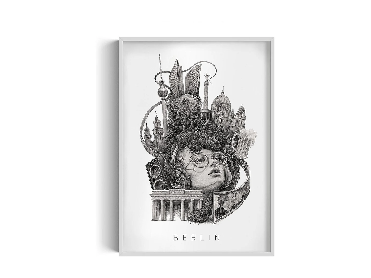 Bild im Rahmen, moderne deutsche Wandkunst, Berliner weiße Rahmenkunst, Stadtbild 70x100.