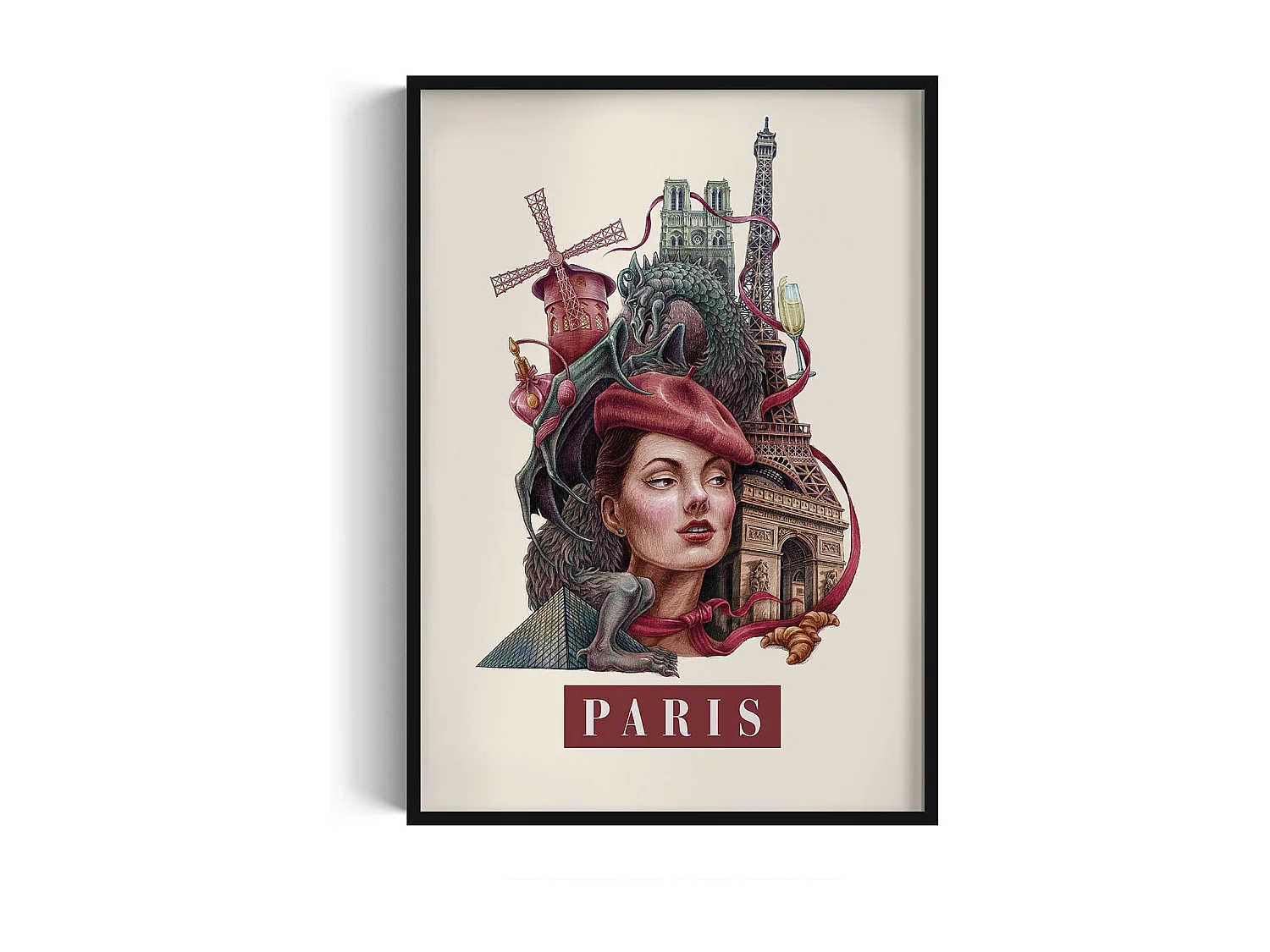 Gerahmtes Bild, elegantes Pariser Stadtdekor, schwarzer Paris-Kunstrahmen, Paris-Druck 70x100 cm, minimalistisches Paris-Bild.