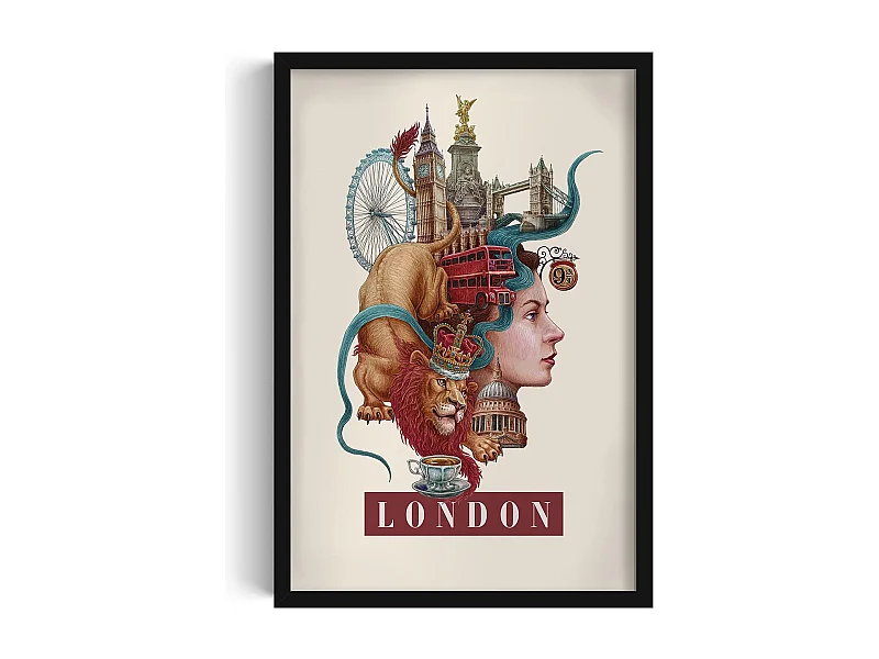 Gerahmtes Bild, Londoner Stadtdekor, schwarzer Rahmen Londoner Kunst, minimalistisches Londoner Stadtbild, 40x60 cm.