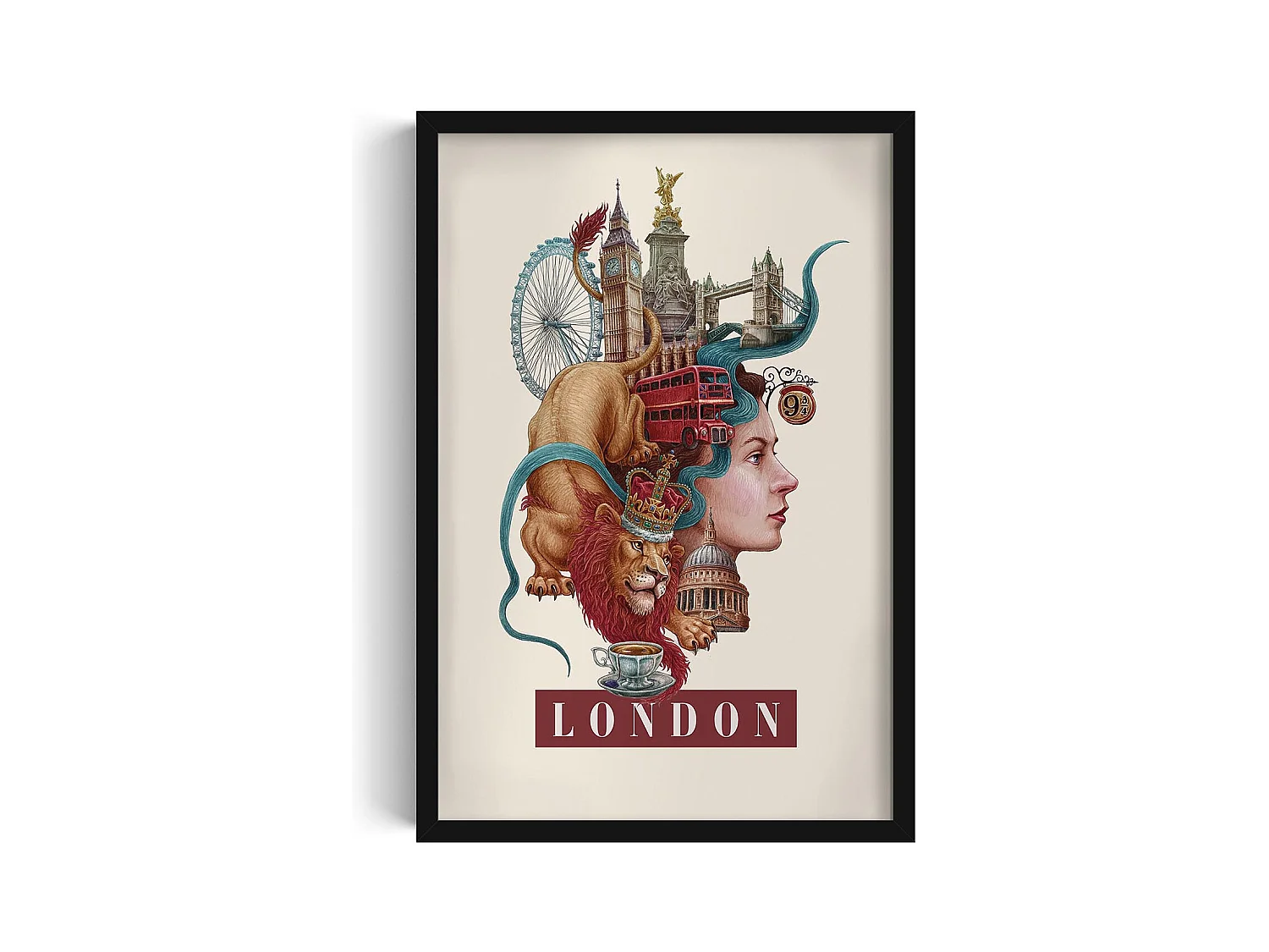 Image encadré, décor urbain Londres, cadre noir Londres art, image paysage urbain minimaliste Londres, 40x60 cm.