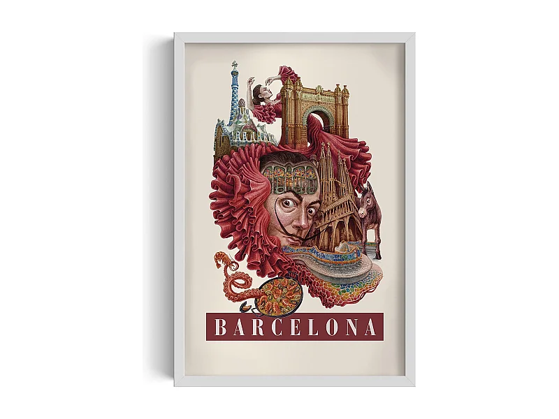 Gerahmtes Bild, spanischer Stadtdruck, weiße Rahmenkunst Barcelona, städtisches Dekor Barcelona, 40x60 cm.