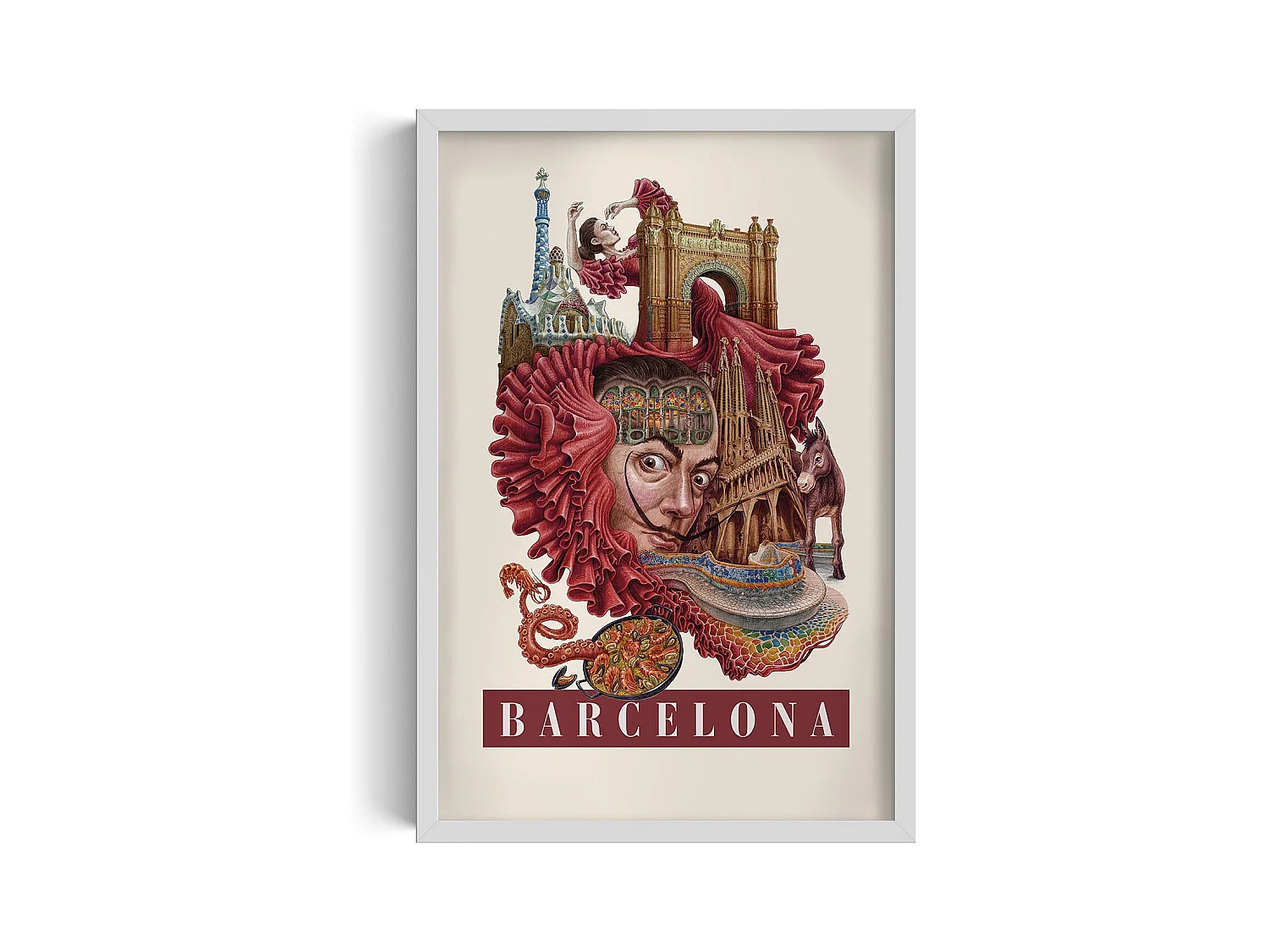 Image encadré, imprimé ville espagnole, art cadre blanc Barcelone, décor urbain Barcelone, 40x60 cm.