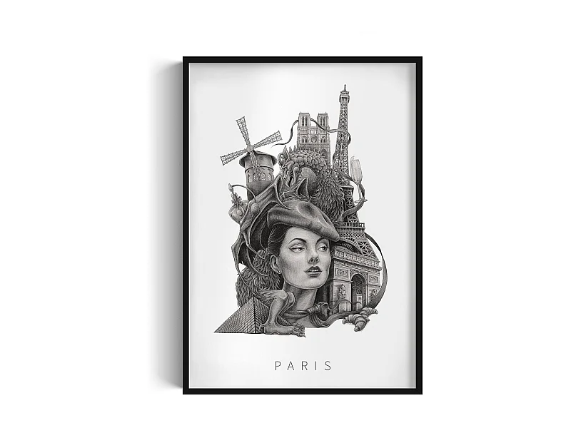 Bild im Rahmen, moderne französische Dekoration, Pariser Kunst schwarzer Rahmen, minimalistischer Pariser Druck, Pariser Design 70x100 cm.