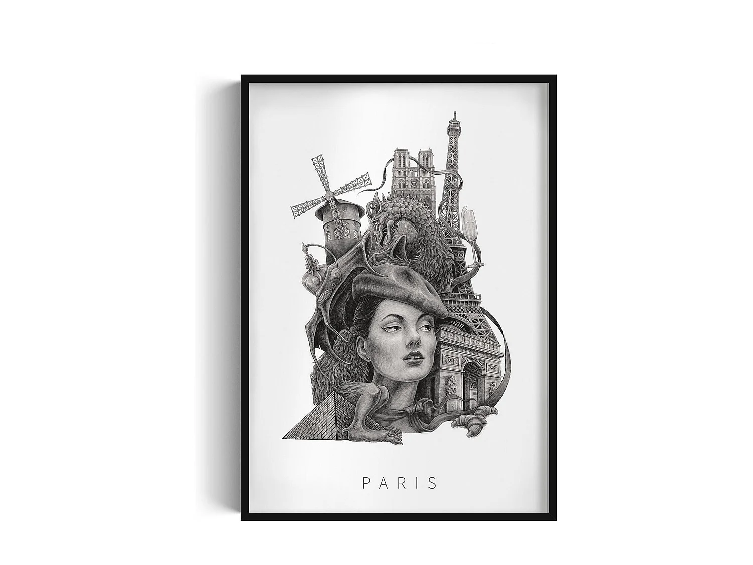 Bild im Rahmen, moderne französische Dekoration, Pariser Kunst schwarzer Rahmen, minimalistischer Pariser Druck, Pariser Design 70x100 cm.