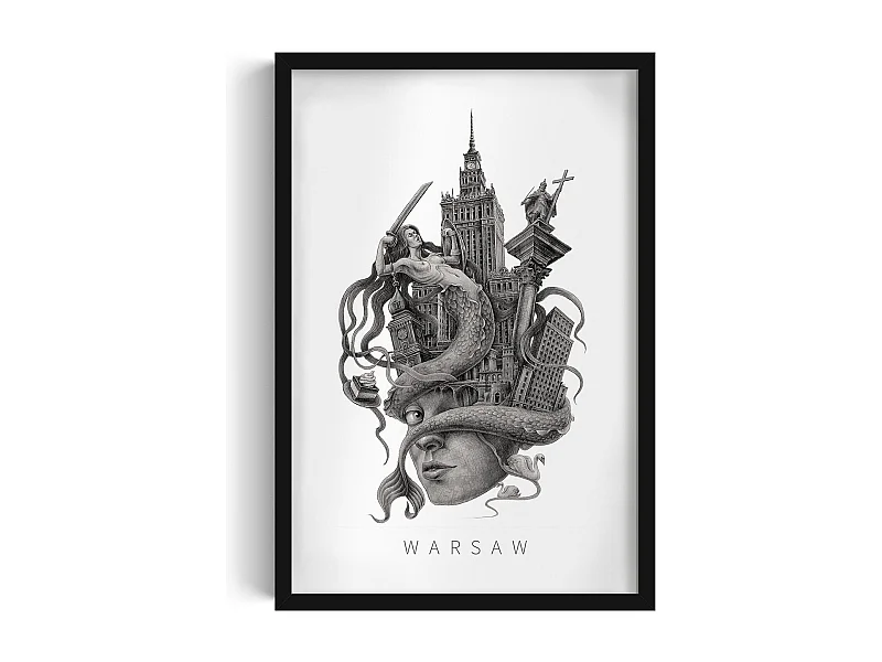Gerahmtes Bild, polnisches Dekor, schwarzer Rahmen, Warschauer Kunst, Warschauer minimalistischer Druck, urbanes Design 40x60 cm.